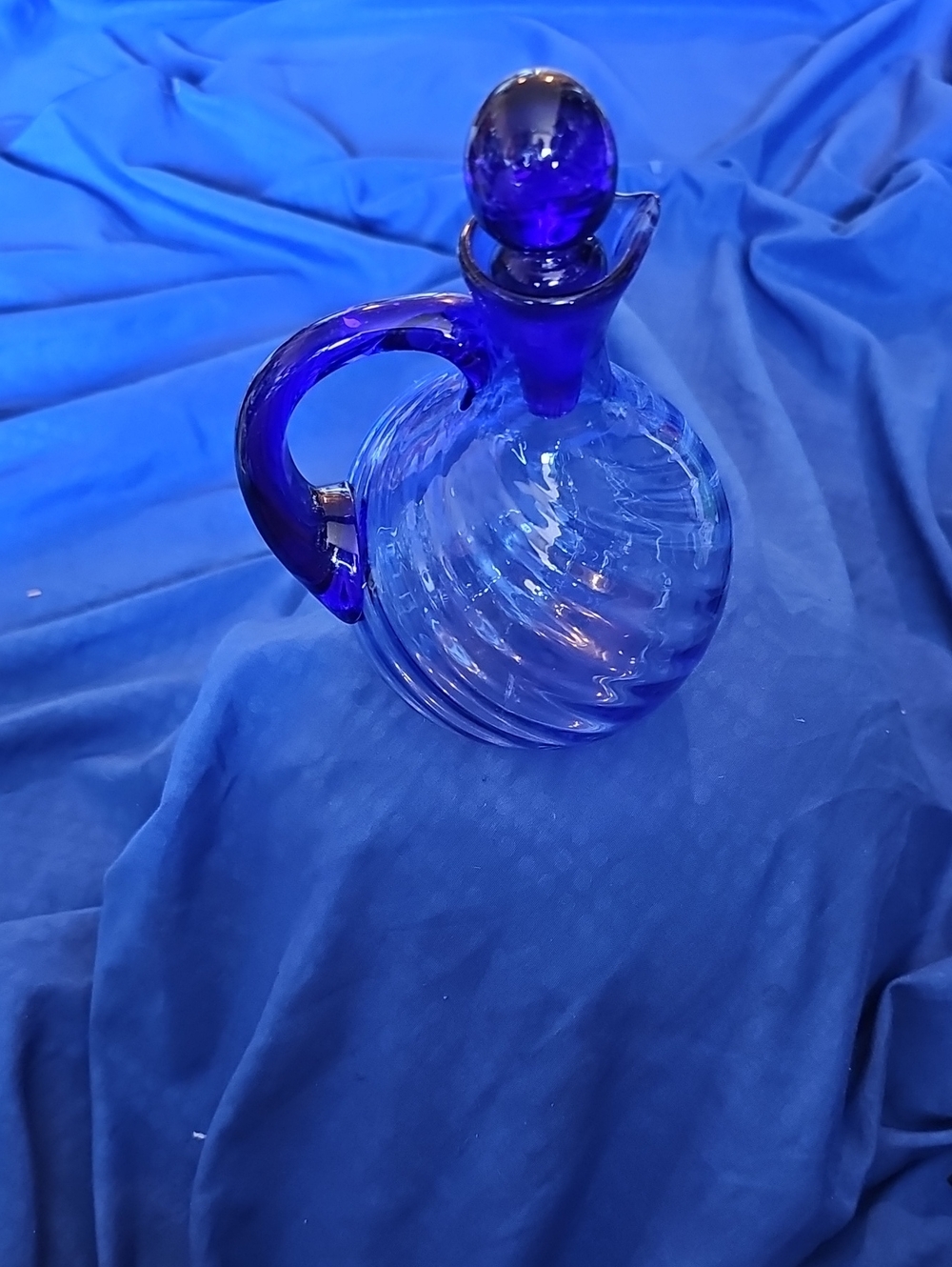 "Vintage Cobalt Blue Swirl Hand-Blown Glass Cruet with Pontil Mark"